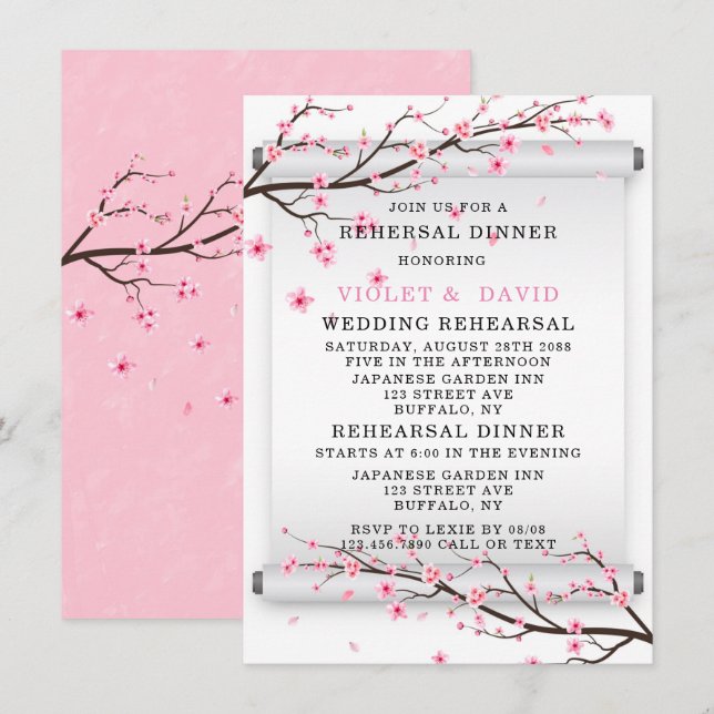 Invitación Cena de ensayo de floración de cerezo de pergamino (Anverso / Reverso)