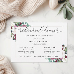 Invitación Cena de Ensayo de Floraciones Rojas Burdeos