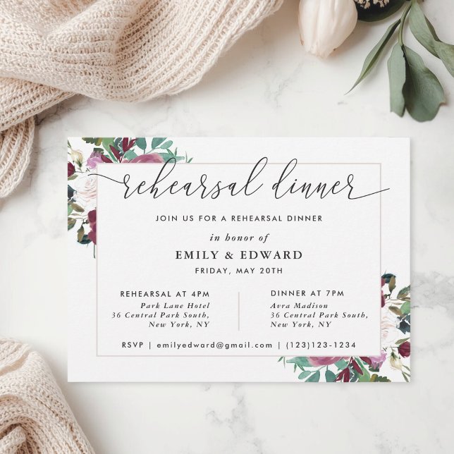 Invitación Cena de Ensayo de Floraciones Rojas Burdeos (Subido por el creador)