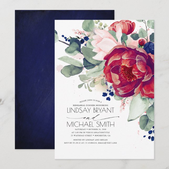 Invitación Cena de ensayo de floral azul de la Marina de Rubo (Anverso / Reverso)