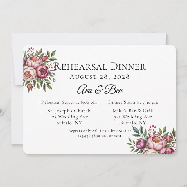 Invitación Cena de ensayo de floral de frambuesa y de rosa de (Anverso)