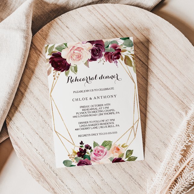 Invitación Cena de ensayo de floral geométrica de borgoña dor (Subido por el creador)