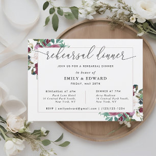 Invitación Cena de ensayo de florecimiento rojo de Borgoña