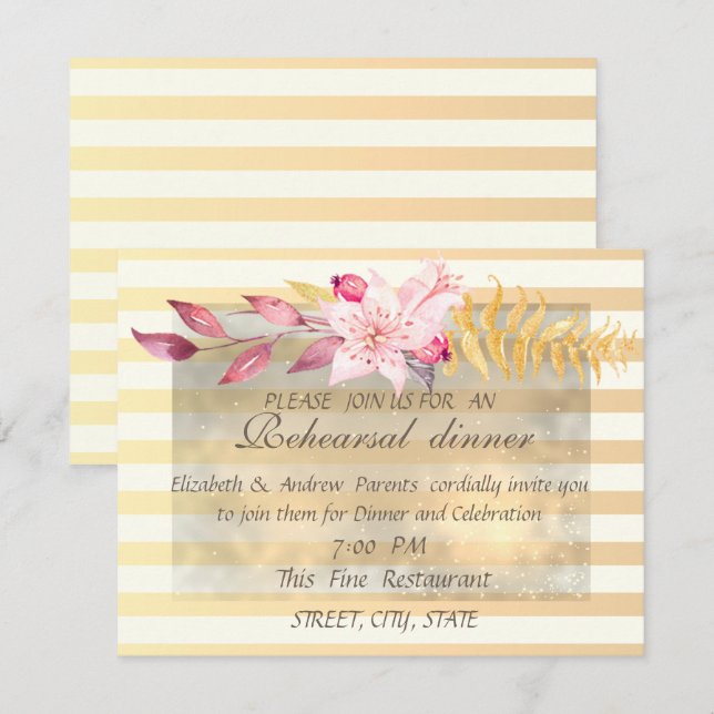Invitación Cena de Ensayo de Flores a Rayas Chic Modernas (Anverso / Reverso)