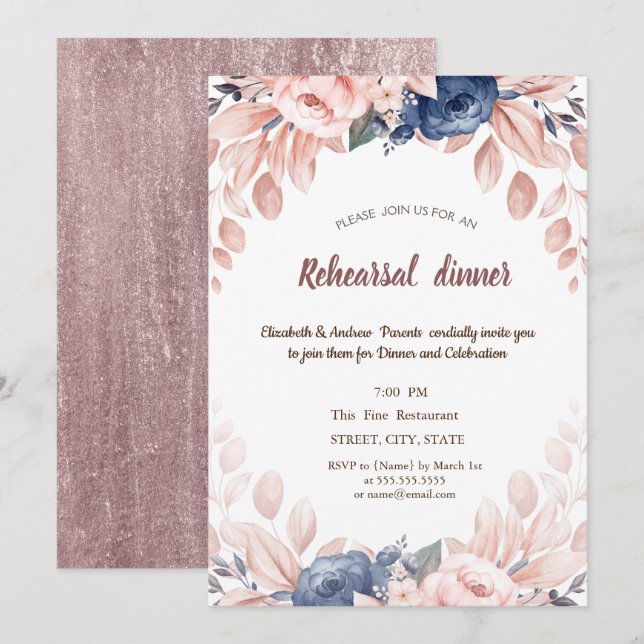 Invitación Cena de ensayo de flores azules de acuarela (Anverso / Reverso)