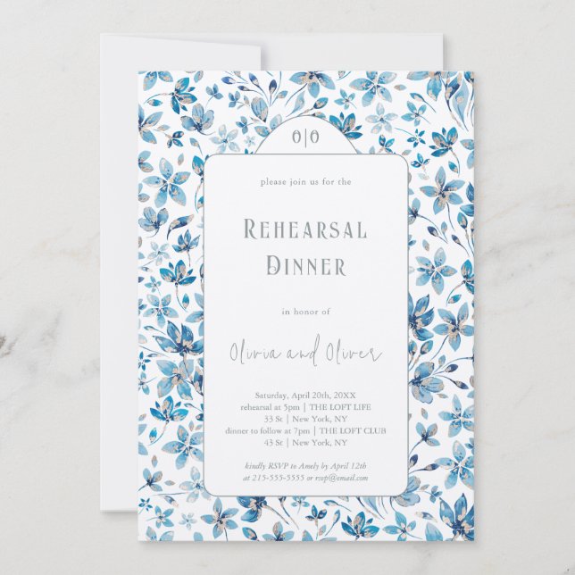 Invitación Cena de ensayo de flores azules pequeñas (Anverso)