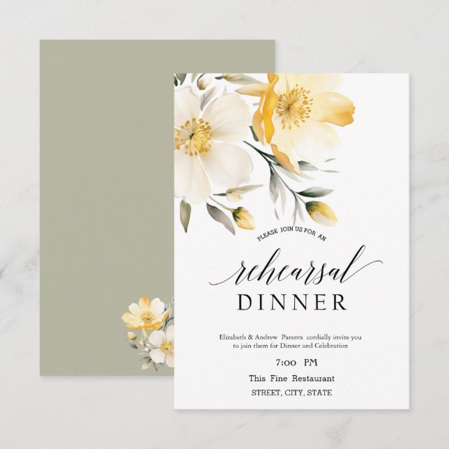 Invitación Cena de ensayo de flores blancas amarillas de acua (Anverso / Reverso)