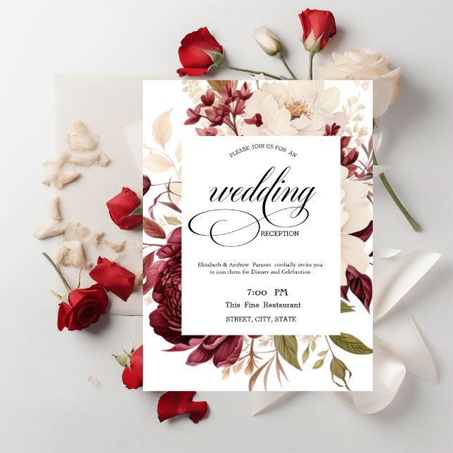 Invitación Cena de Ensayo de Flores Blancas Burgundy Chic (Subido por el creador)