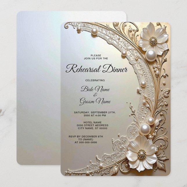 Invitación Cena de Ensayo de Flores Blancas Modernas Perlas (Anverso / Reverso)