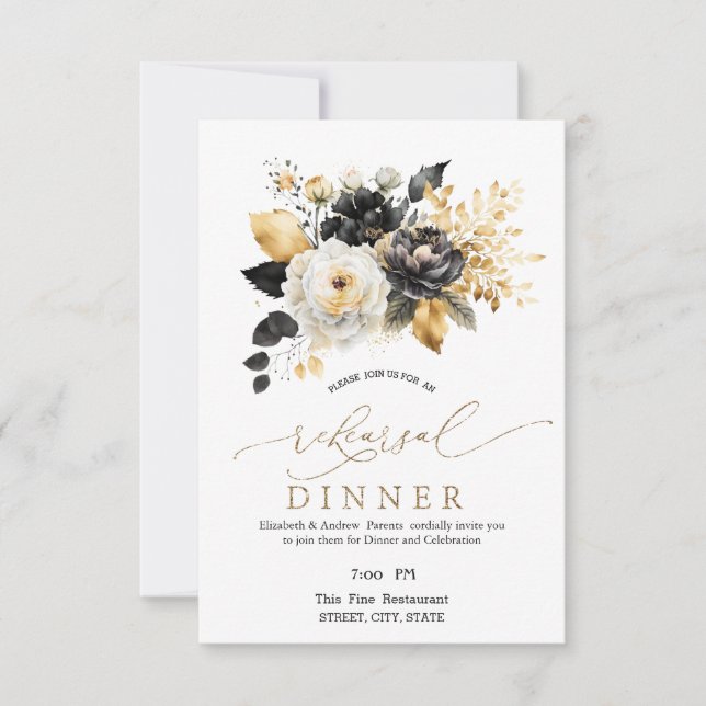 Invitación Cena de ensayo de flores blancas y negras doradas (Anverso)