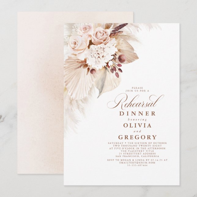 Invitación Cena de ensayo de flores blancas y pampas (Anverso / Reverso)