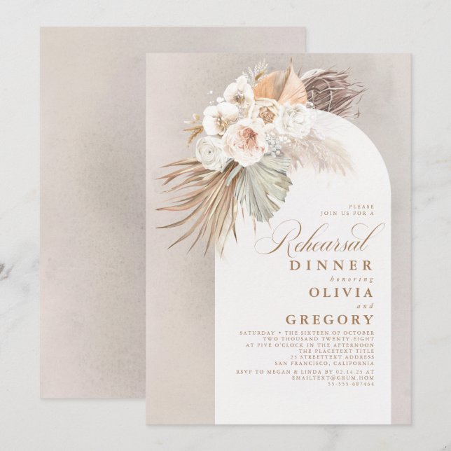 Invitación Cena de ensayo de flores blancas y pampas (Anverso / Reverso)