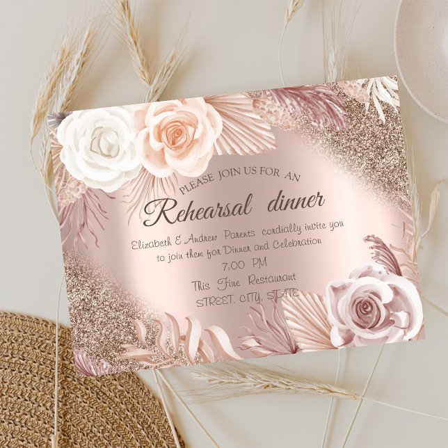 Invitación  Cena de Ensayo de Flores Boho con Brillo de Oro R (Subido por el creador)