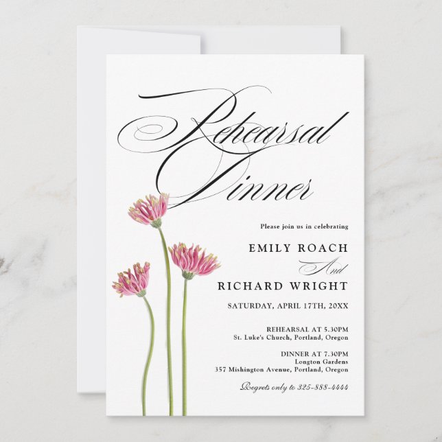 Invitación Cena de Ensayo de Flores con Letra Elegante (Anverso)