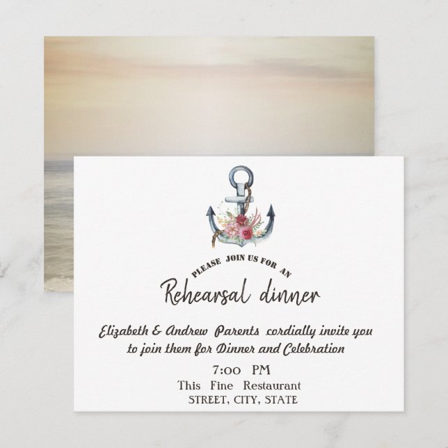 Invitación Cena de ensayo de flores de ancla de acuarela (Anverso / Reverso)