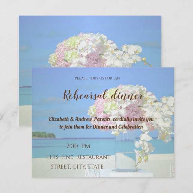 Invitación Cena de ensayo de flores de bodas de playa (Anverso / Reverso)