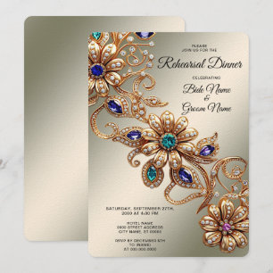 Invitación Cena de Ensayo de Flores de Joyas de Oro Elegantes