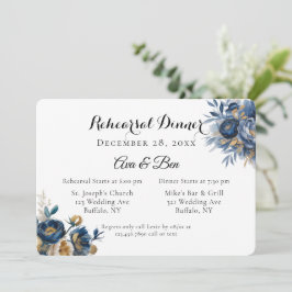 Invitación Cena de ensayo de flores de peonía de oro y azul m