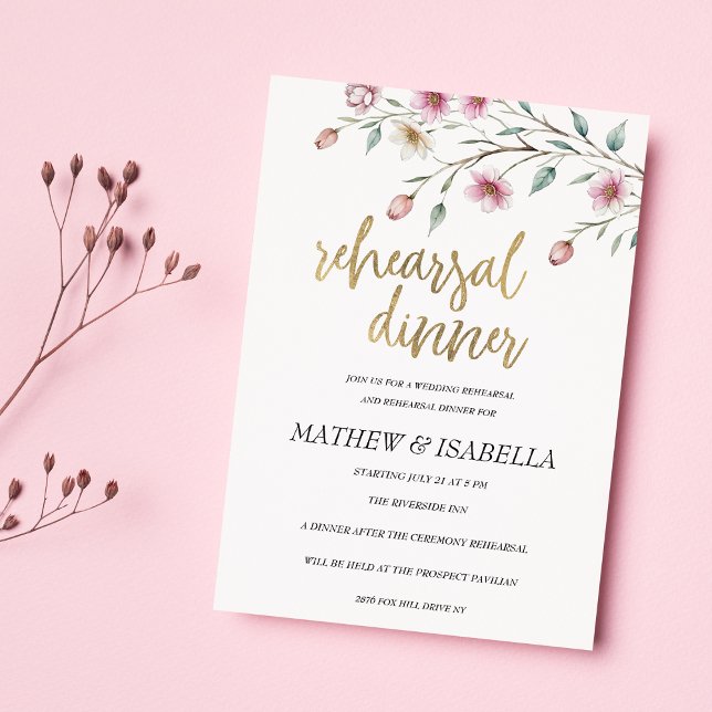 Invitación Cena de ensayo de flores de primavera blancas y ro (Pink white mint spring flower Rehearsal Dinner )