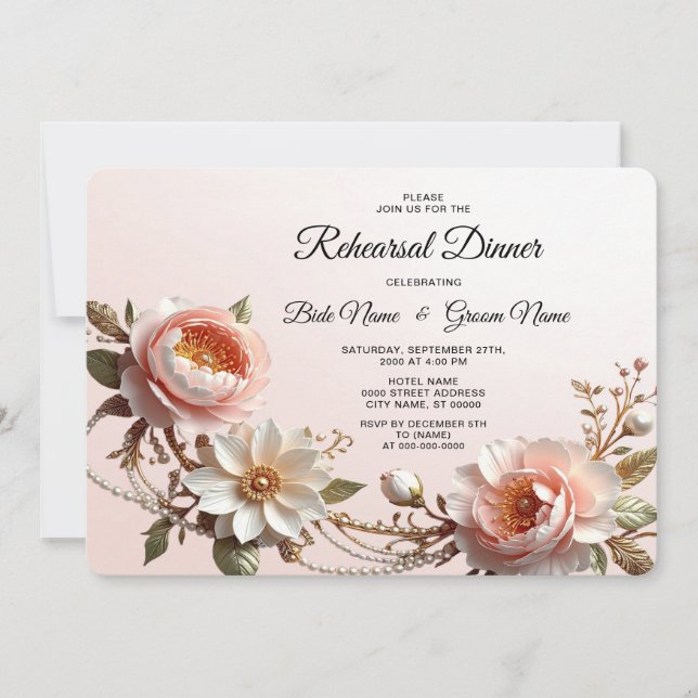 Invitación Cena de Ensayo de Flores Decorativas Rosadas y Bla (Anverso)