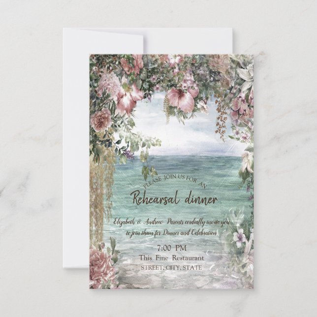 Invitación Cena de Ensayo de Flores del Océano Chic (Anverso)