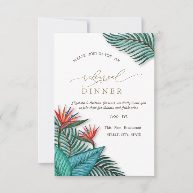 Invitación Cena de Ensayo de Flores Exóticas Tropicales (Anverso)