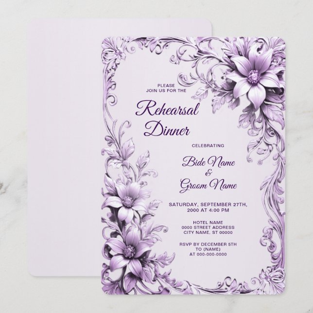 Invitación Cena de Ensayo de Flores Moradas Elegantes (Anverso / Reverso)