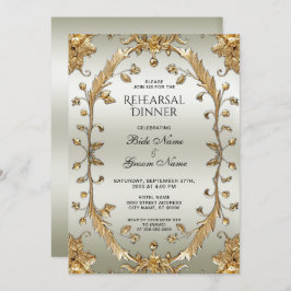 Invitación Cena de ensayo de flores ornadas doradas