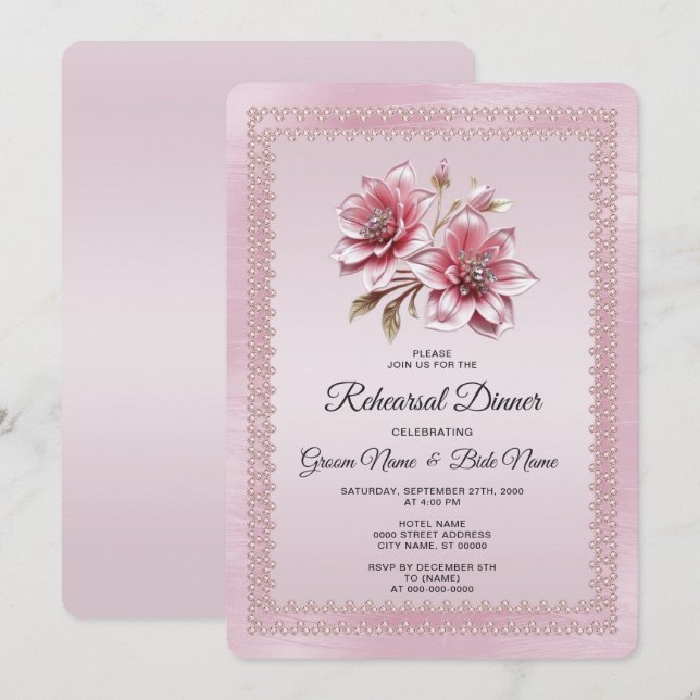 Invitación Cena de Ensayo de Flores Rosadas Modernas (Anverso / Reverso)