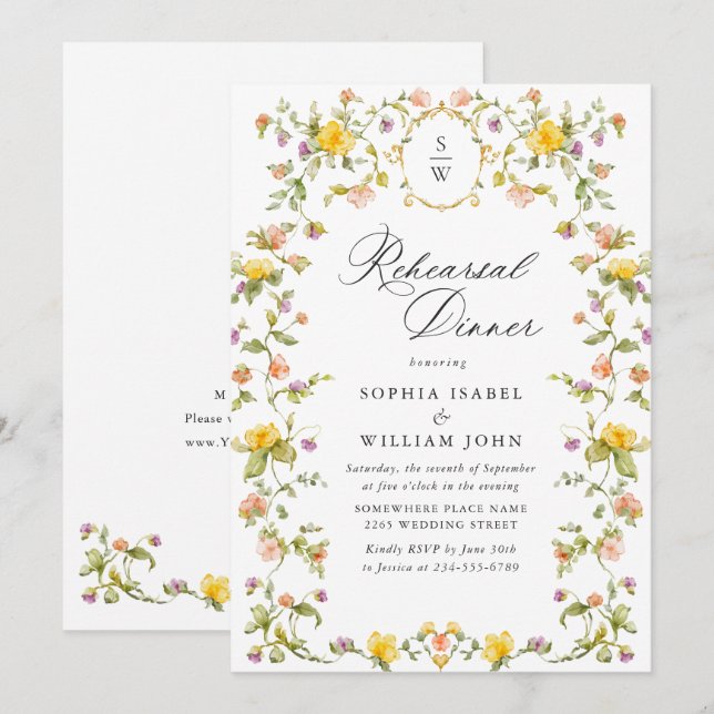 Invitación Cena de ensayo de flores silvestres de acuarela de (Anverso / Reverso)