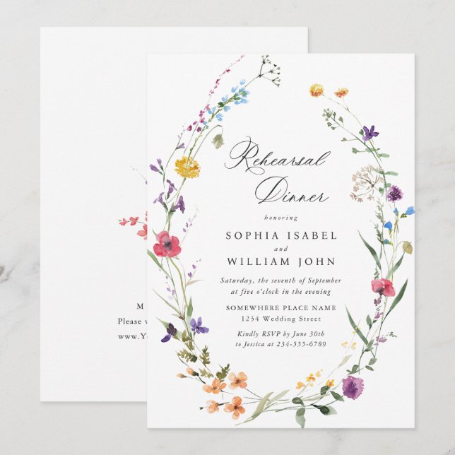 Invitación Cena de ensayo de flores silvestres de acuarela el (Anverso / Reverso)