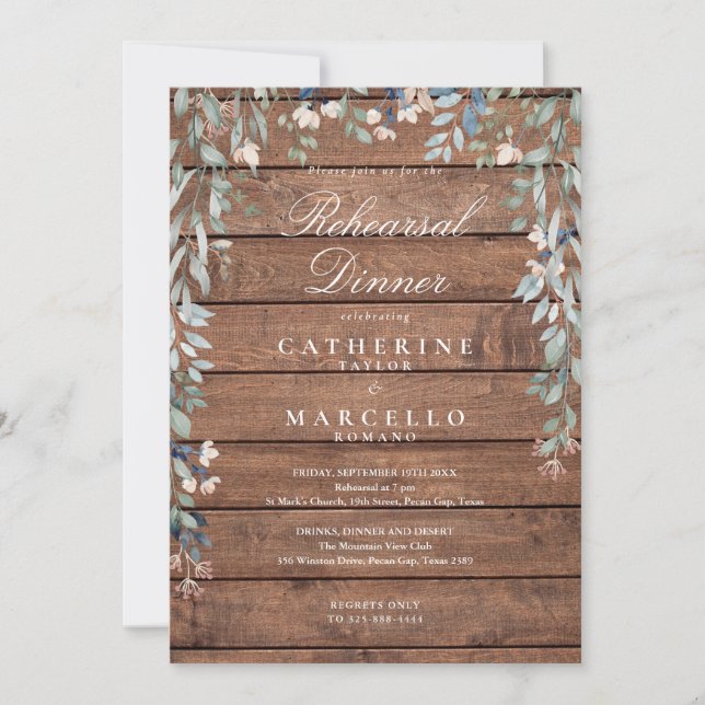 Invitación Cena de ensayo de flores silvestres de madera rúst (Anverso)