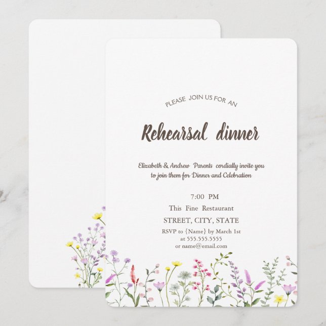 Invitación Cena de ensayo de flores silvestres en acuarela (Anverso / Reverso)