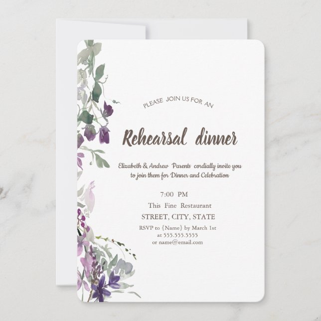 Invitación Cena de ensayo de flores silvestres violetas de ac (Anverso)