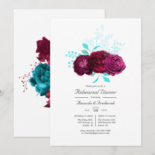 Invitación Cena de ensayo de flores turquesa y borgoñona