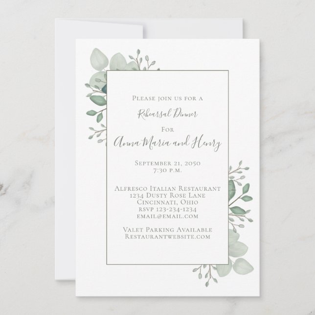 Invitación Cena de Ensayo de Foliage Verde de Eucalipto (Anverso)