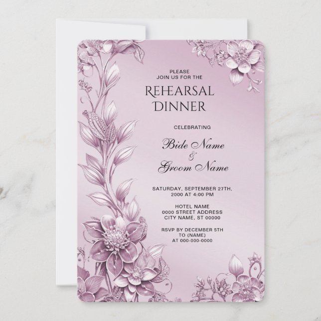 Invitación Cena de ensayo de follaje floral rosa (Anverso)