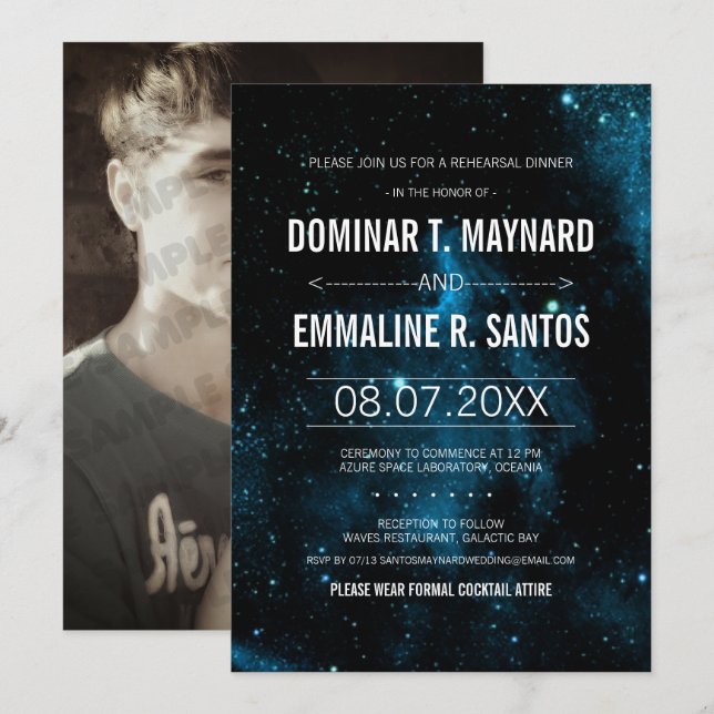 Invitación Cena de ensayo de fotogalaxia azul (Anverso / Reverso)