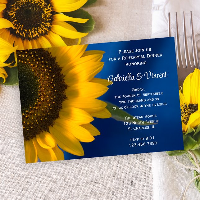 Invitación Cena de ensayo de girasol amarillo en Boda azul (Subido por el creador)