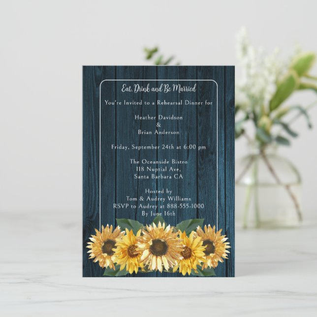 Invitación Cena de ensayo de girasol azul ruso (Anverso de pie)