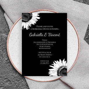 Invitación Cena de ensayo de girasol blanco en Boda negro