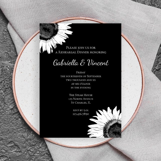 Invitación Cena de ensayo de girasol blanco en Boda negro (Subido por el creador)