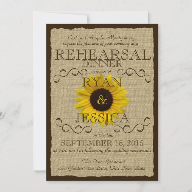 Invitación Cena de ensayo de girasol rural (Anverso)