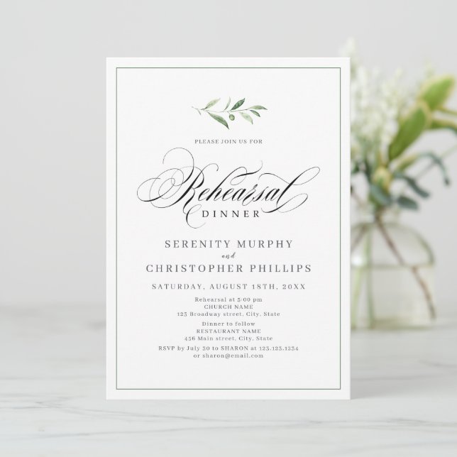 Invitación Cena de ensayo de Greenering Script de Elegancia C (Anverso de pie)