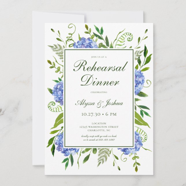 Invitación Cena de ensayo de guiones de Hydrangeas Azules (Anverso)
