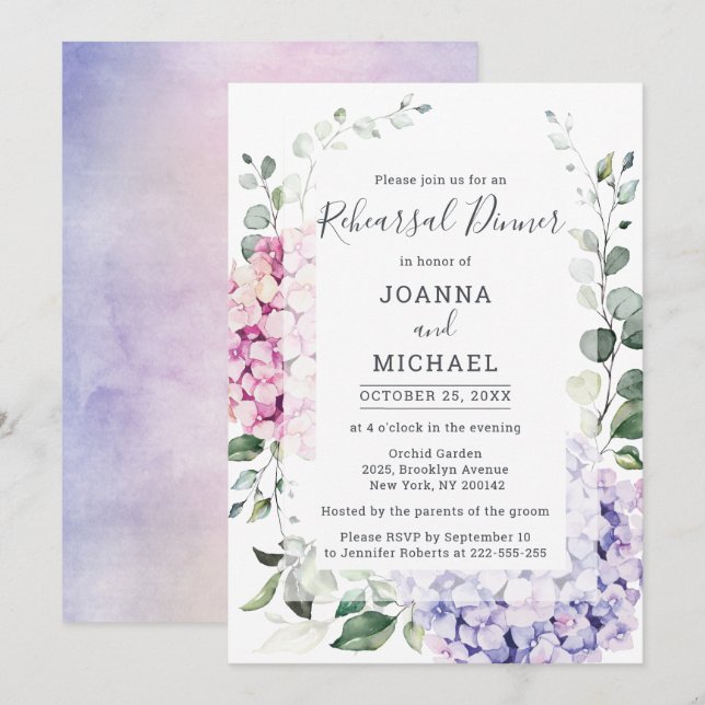 Invitación Cena de ensayo de hidrangea azul claro y eucalipto (Anverso / Reverso)