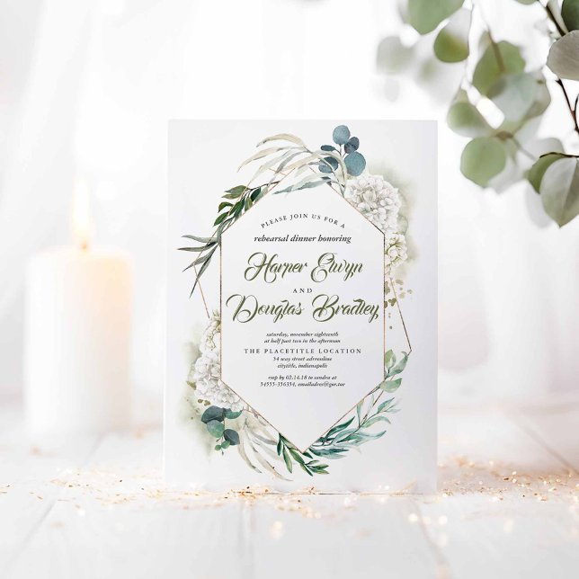 Invitación Cena de ensayo de hidrangea blanca y vegetación (Greenery Rehearsal Dinner Invitations)