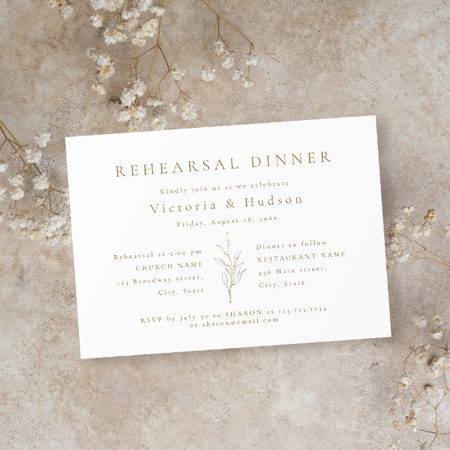 Invitación Cena de ensayo de hojas botánicas simples de oro (Gold simple botanical leaves rehearsal dinner invitation)