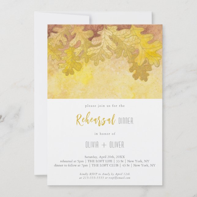 Invitación Cena de ensayo de hojas de roble de otoño (Anverso)