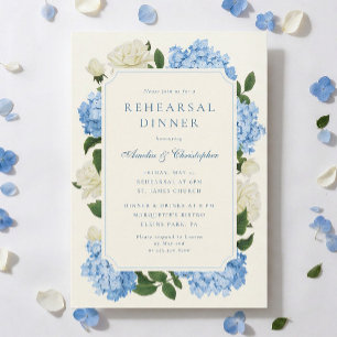 Invitación Cena de Ensayo de Hortensia Azul y Rosa Blanca